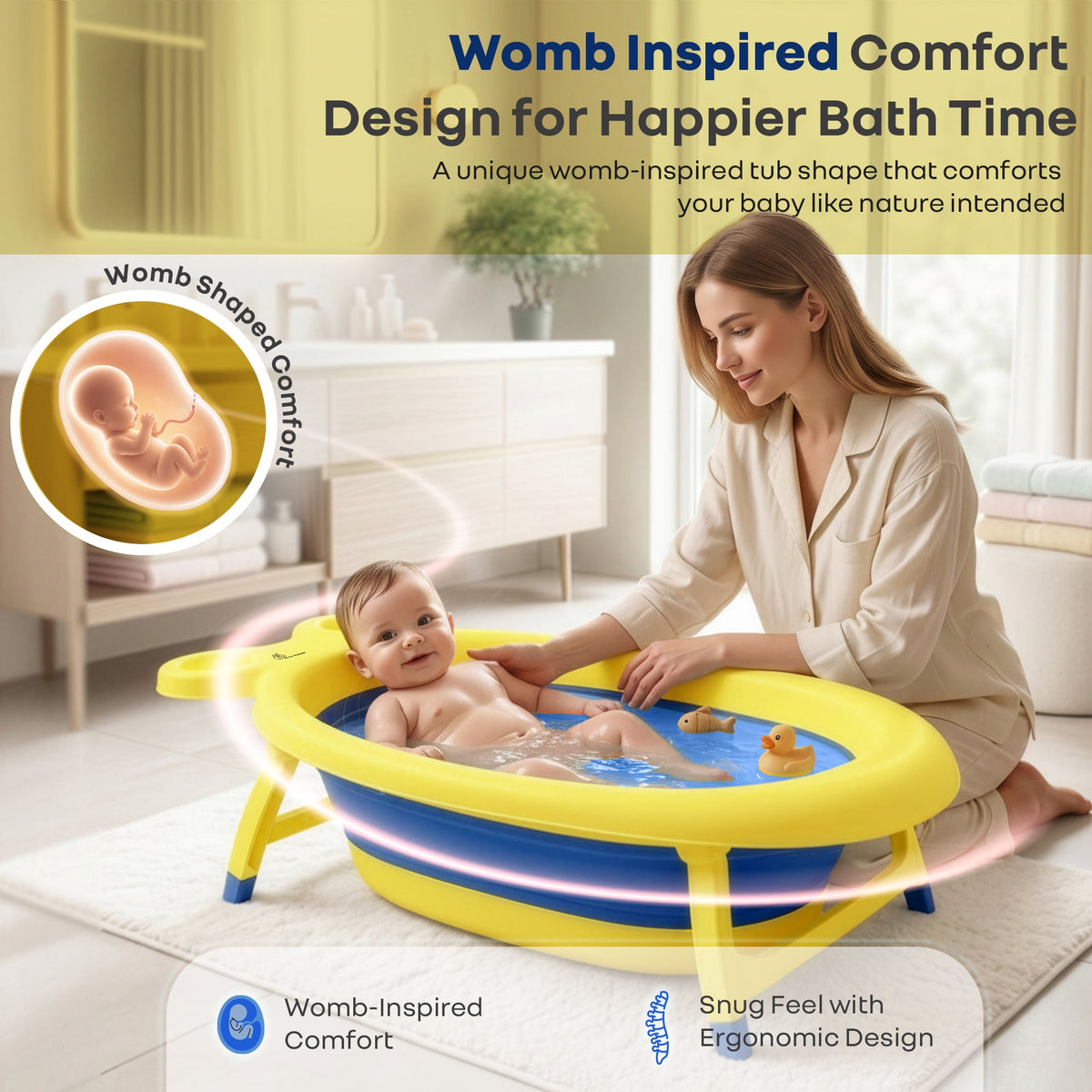 Bubble Double Finzy Baby Bathtub 9-36 Months, Foldable Cocoon Design, Anti-Skid Base & Drain Plug - Yellow Blue