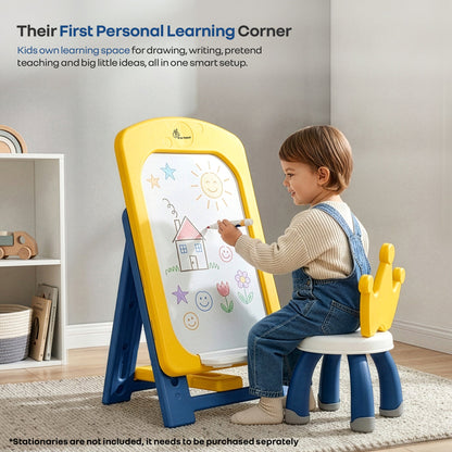 Little Genius Doodle Duo Whiteboard & Chair Set for 3–7 Years, 7-Level Height Adjustable, Foldable Study Table, Upto 40 kg - Yellow Blue