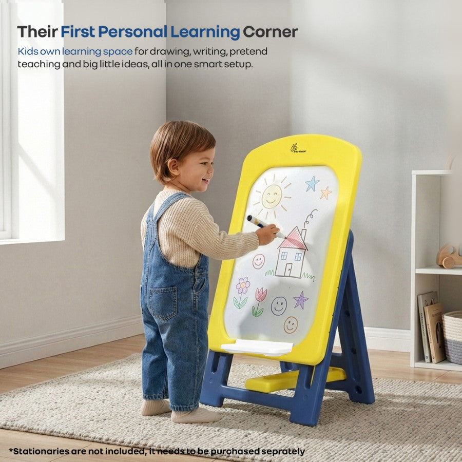 Little Genius Doodle Kids Whiteboard for Drawing & Learning – Foldable BPA Free Board with 7 Height Adjustments, Storage Tray & Stable Frame for Creative Activities (Age 3–7 Years) - Yellow Blue