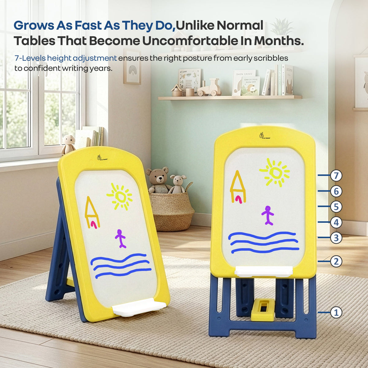 Little Genius Doodle Duo Whiteboard & Chair Set for 3–7 Years, 7-Level Height Adjustable, Foldable Study Table, Upto 40 kg - Yellow Blue