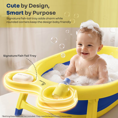 Bubble Double Finzy Baby Bathtub 9-36 Months, Foldable Cocoon Design, Anti-Skid Base & Drain Plug - Yellow Blue