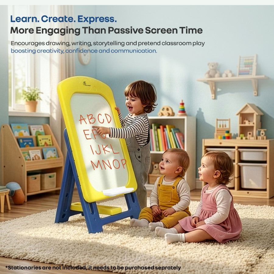 Little Genius Doodle Kids Whiteboard for Drawing & Learning – Foldable BPA Free Board with 7 Height Adjustments, Storage Tray & Stable Frame for Creative Activities (Age 3–7 Years) - Yellow Blue