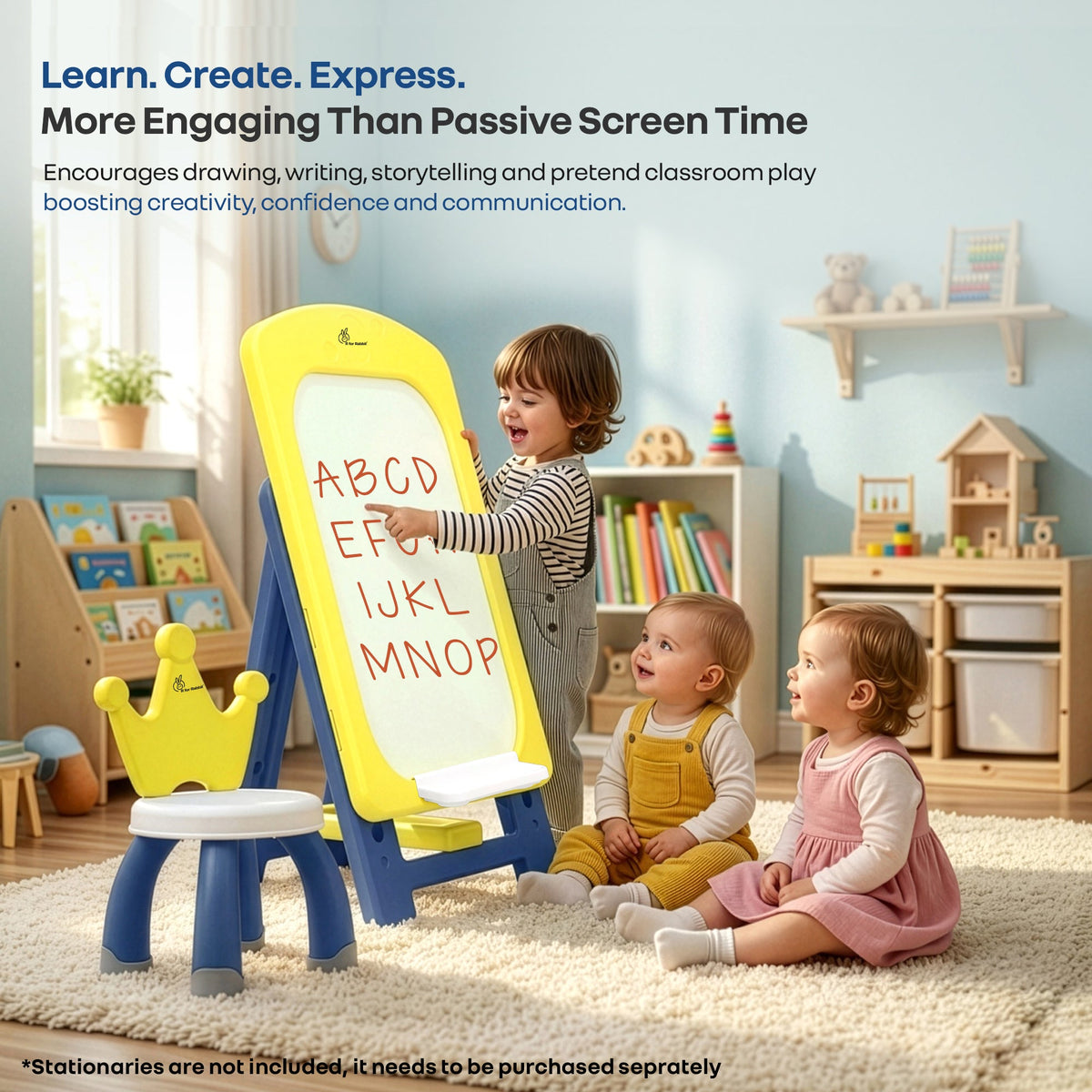 Little Genius Doodle Duo Whiteboard & Chair Set for 3–7 Years, 7-Level Height Adjustable, Foldable Study Table, Upto 40 kg - Yellow Blue