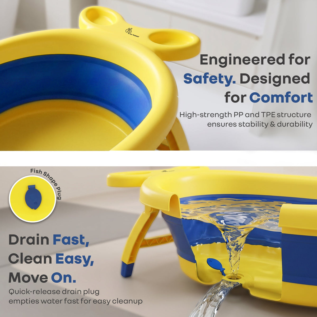 Bubble Double Finzy Baby Bathtub 9-36 Months, Foldable Cocoon Design, Anti-Skid Base & Drain Plug - Yellow Blue