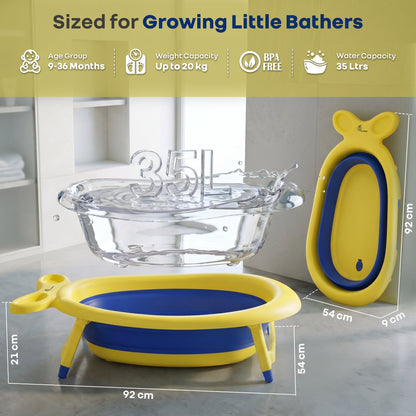 Bubble Double Finzy Baby Bathtub 9-36 Months, Foldable Cocoon Design, Anti-Skid Base & Drain Plug - Yellow Blue