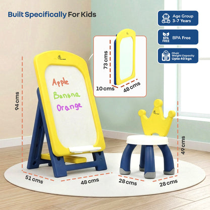 Little Genius Doodle Duo Whiteboard & Chair Set for 3–7 Years, 7-Level Height Adjustable, Foldable Study Table, Upto 40 kg - Yellow Blue