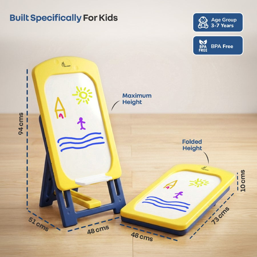Little Genius Doodle Kids Whiteboard for Drawing & Learning – Foldable BPA Free Board with 7 Height Adjustments, Storage Tray & Stable Frame for Creative Activities (Age 3–7 Years) - Yellow Blue