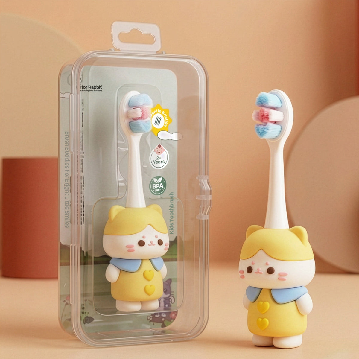 Tiny Smiles Zoobie Kids Toothbrush for 2+ Years, Ultra-Soft PBT Bristles, Self-Standing Animal Design Brush - Yellow Kitty