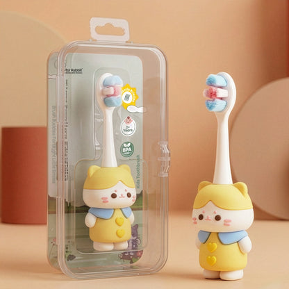 Tiny Smiles Zoobie Kids Toothbrush for 2+ Years, Ultra-Soft PBT Bristles, Self-Standing Animal Design Brush - Yellow Kitty