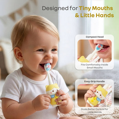 Tiny Smiles Zoobie Kids Toothbrush for 2+ Years, Ultra-Soft PBT Bristles, Self-Standing Animal Design Brush - Yellow Kitty