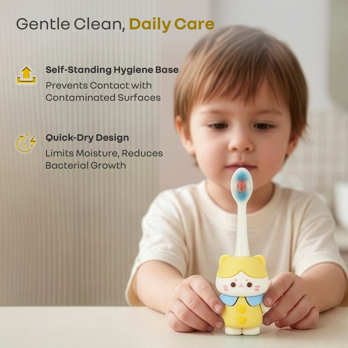 Tiny Smiles Zoobie Kids Toothbrush for 2+ Years, Ultra-Soft PBT Bristles, Self-Standing Animal Design Brush - Yellow Kitty