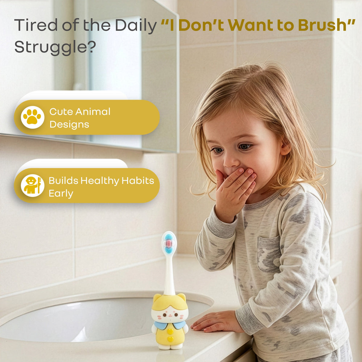 Tiny Smiles Zoobie Kids Toothbrush for 2+ Years, Ultra-Soft PBT Bristles, Self-Standing Animal Design Brush - Yellow Kitty