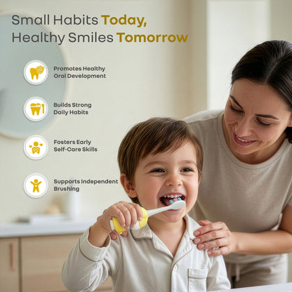 Tiny Smiles Zoobie Kids Toothbrush for 2+ Years, Ultra-Soft PBT Bristles, Self-Standing Animal Design Brush - Yellow Kitty