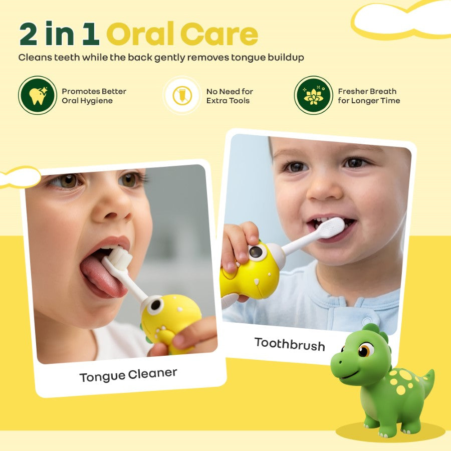 Tiny Smiles Dino Kids Toothbrush, Ultra-Soft Bristles for Gentle Oral Care, BPA-Free, Kids Brush for 2+ Years - Yellow