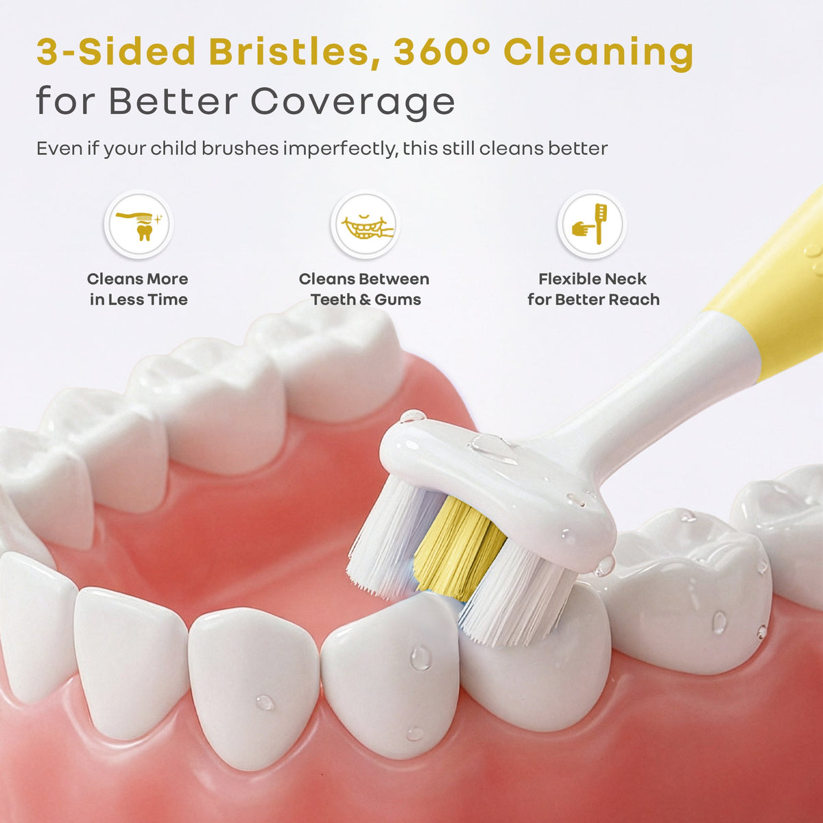 Tiny Smiles Poppins Kids Toothbrush, 3-Sided 360° Cleaning Brush, Ultra-Soft PBT Bristles - Yellow