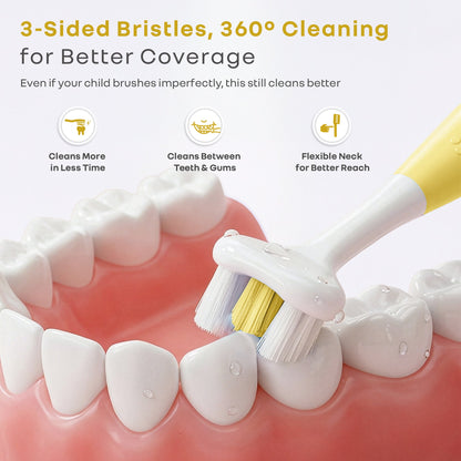 Tiny Smiles Poppins Kids Toothbrush, 3-Sided 360° Cleaning Brush, Ultra-Soft PBT Bristles - Yellow