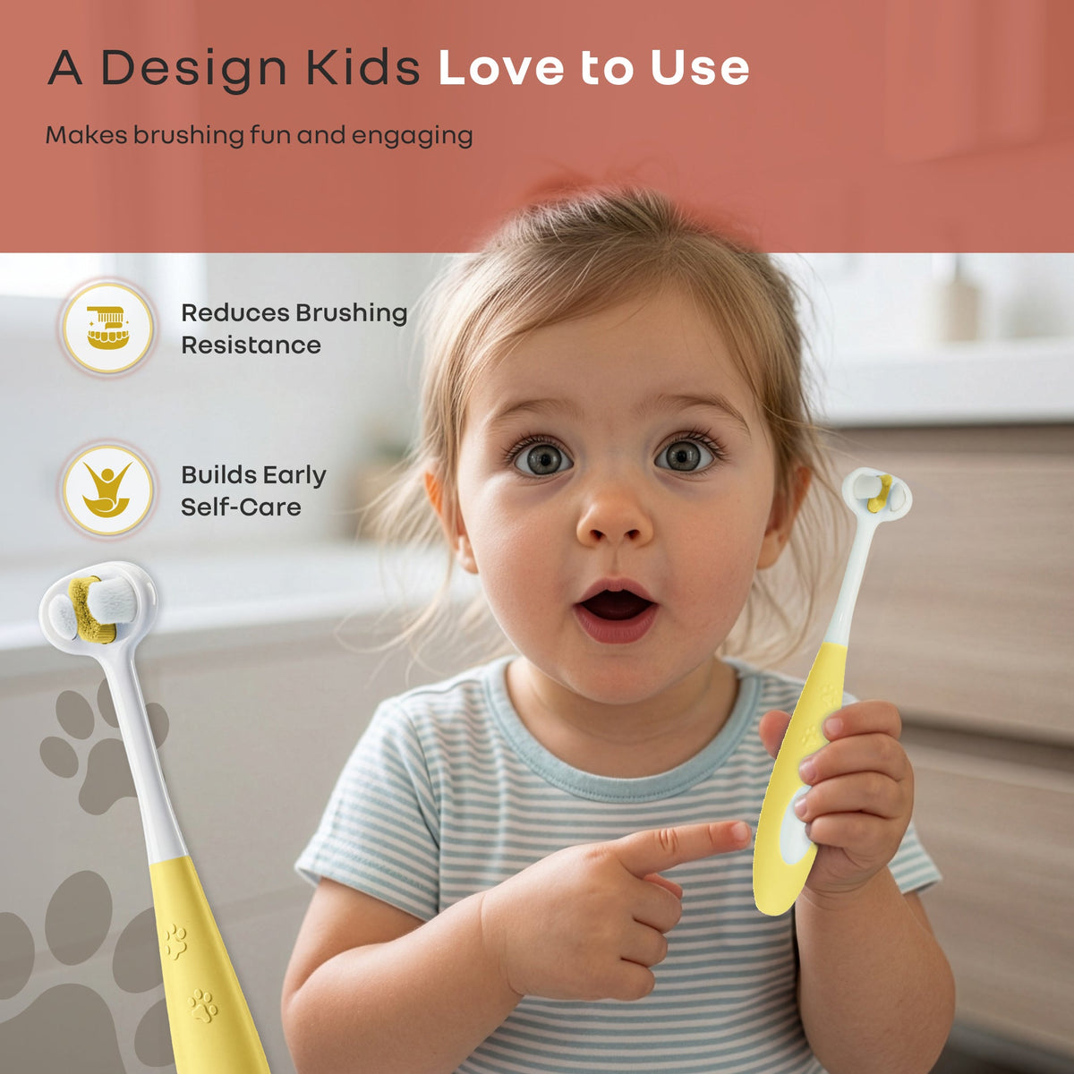 Tiny Smiles Poppins Kids Toothbrush, 3-Sided 360° Cleaning Brush, Ultra-Soft PBT Bristles - Yellow
