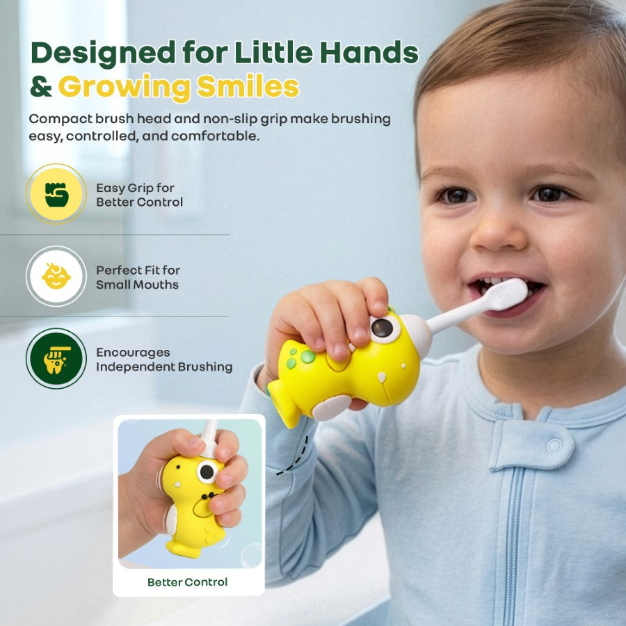 Tiny Smiles Dino Kids Toothbrush, Ultra-Soft Bristles for Gentle Oral Care, BPA-Free, Kids Brush for 2+ Years - Yellow