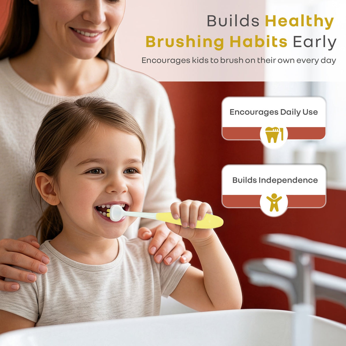 Tiny Smiles Poppins Kids Toothbrush, 3-Sided 360° Cleaning Brush, Ultra-Soft PBT Bristles - Yellow