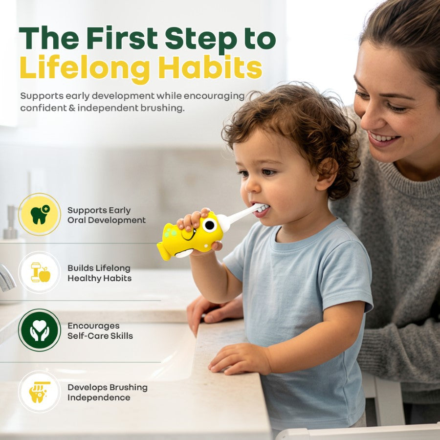 Tiny Smiles Dino Kids Toothbrush, Ultra-Soft Bristles for Gentle Oral Care, BPA-Free, Kids Brush for 2+ Years - Yellow