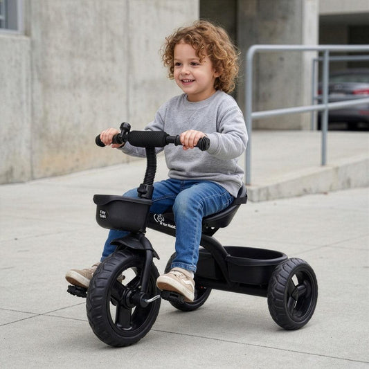 Tiny Toes T10 Ace Tricycle - Front & Back Basket, Seat Belt - Black